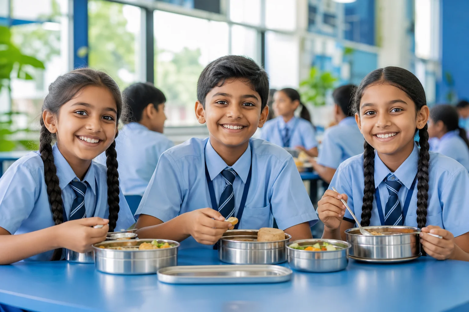 Happy school kids eating healthy meals from steel lunchboxes