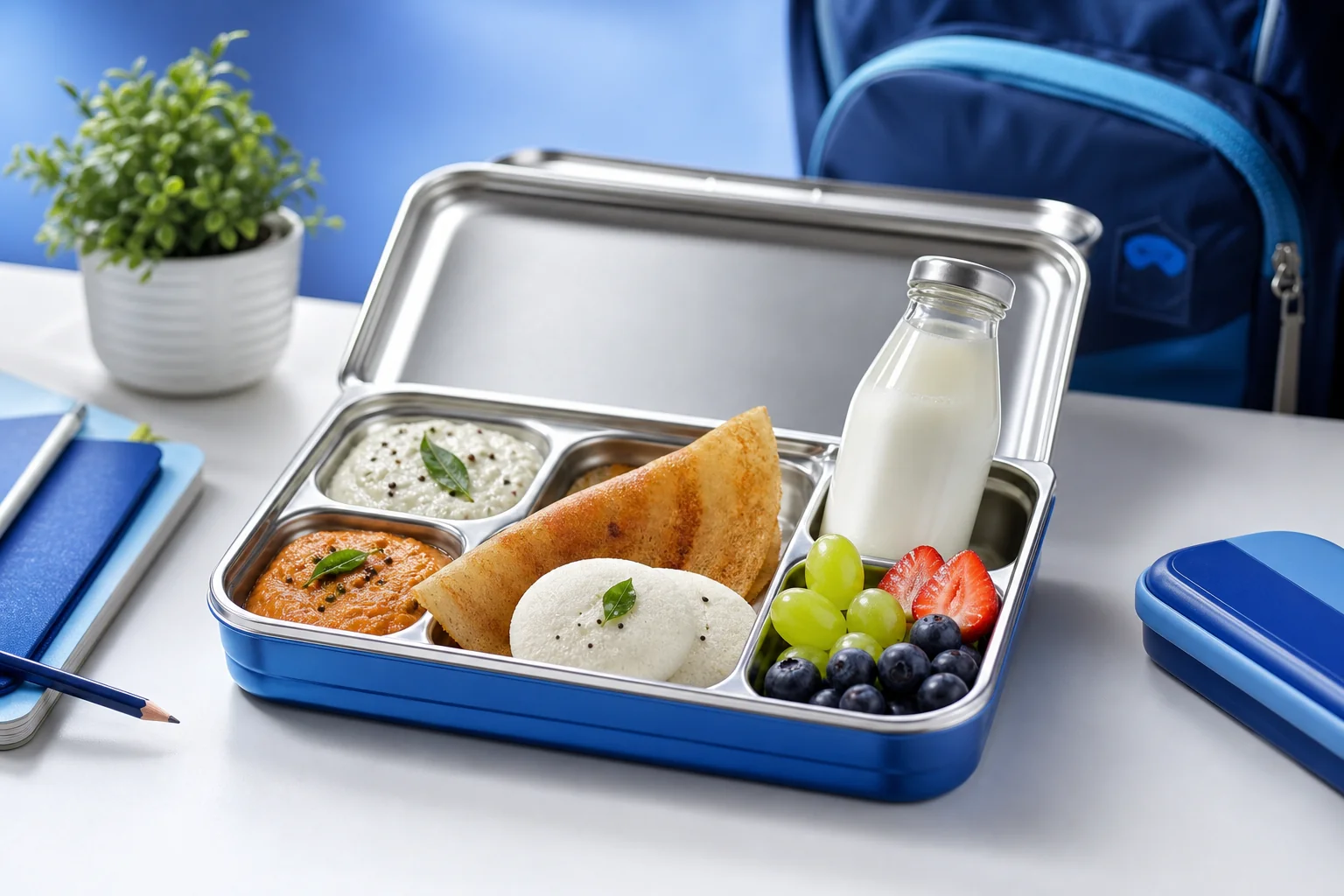 Healthy no-plastic kids lunchbox with idli, dosa, fruit and milk