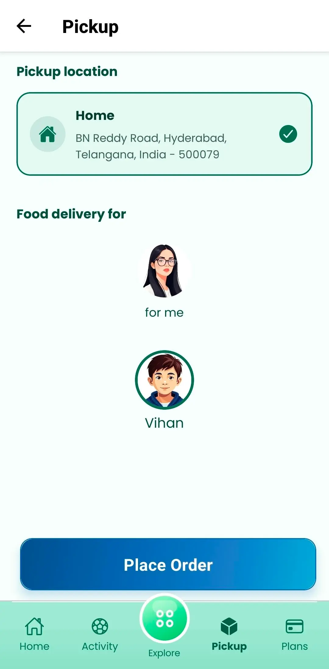 Junior Eats app Pickup screen — select home location, who the meal is for, and place order